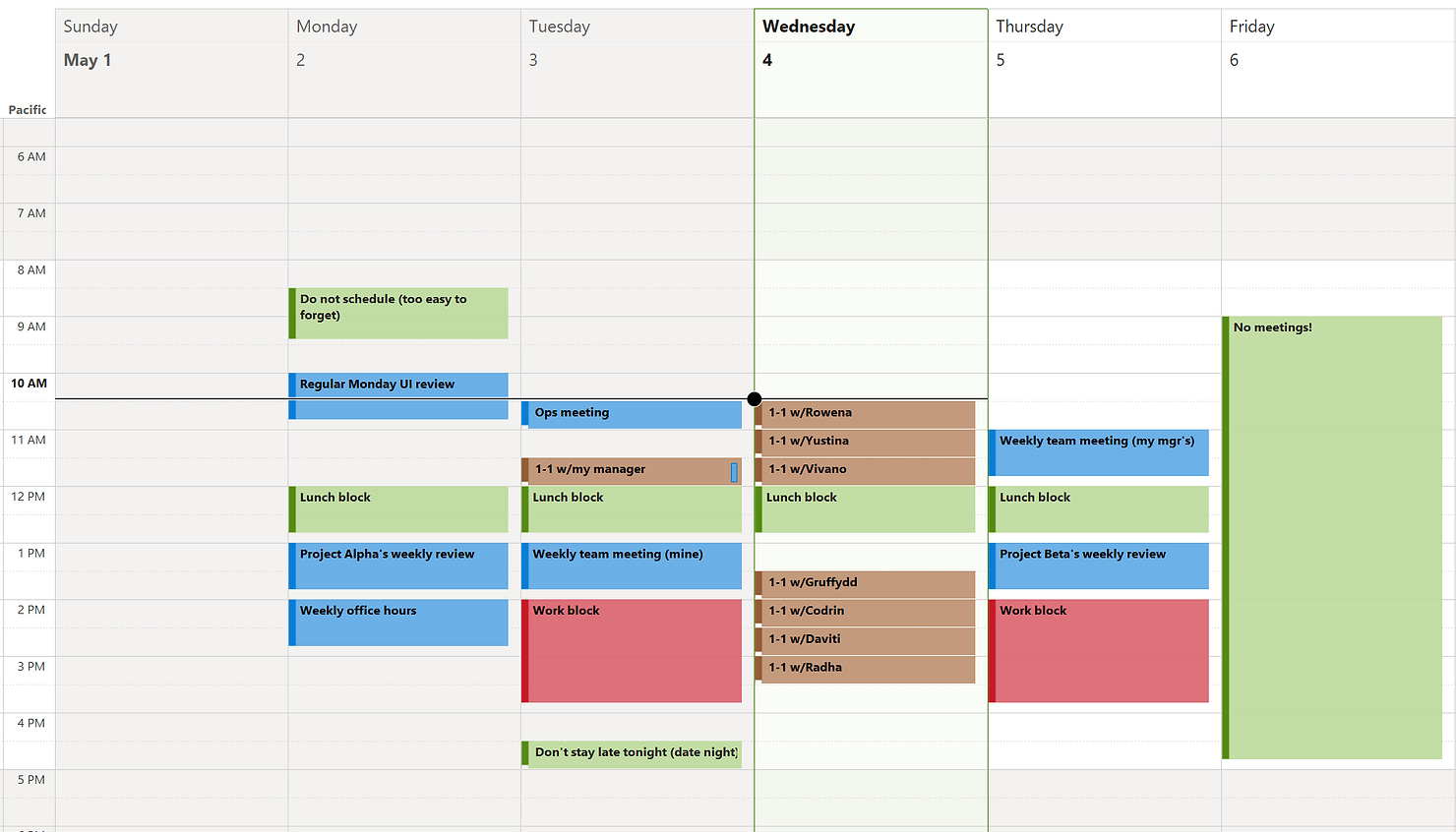 A full calendar showing color-coded appointments on it. There are appointments titled “too easy to forget” on Monday morning, various project meetings at different times, office hours, one day that is entirely one-on-ones with people, a lunch appointment for each day, and Friday is blocked with a “No meetings!” appointment. There are also 2 two-hour appointements labelled “Work block”. There are scattered half hour blocks free and a few hour-long blocks free.